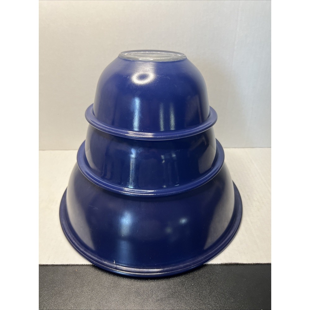 3 PYREX Cobalt BlueClear Bottom Nesting Glass Mixing Bowls Set #322 323 326